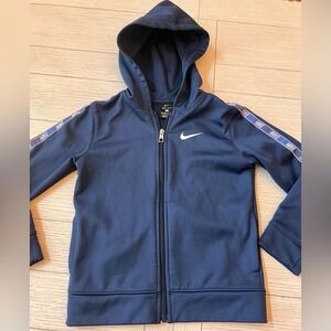 Nike Dri-Fit kids hooded zip up poly jacket. Unisex. Size 7/L. Navy. Athletic.